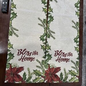Christmas Holiday Table Runner BLESS THIS HOME Gold Green Holly Red Poinsettia